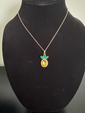 Avon Gold-Tone Pineapple Pendant Necklace with Green and Amber Stones